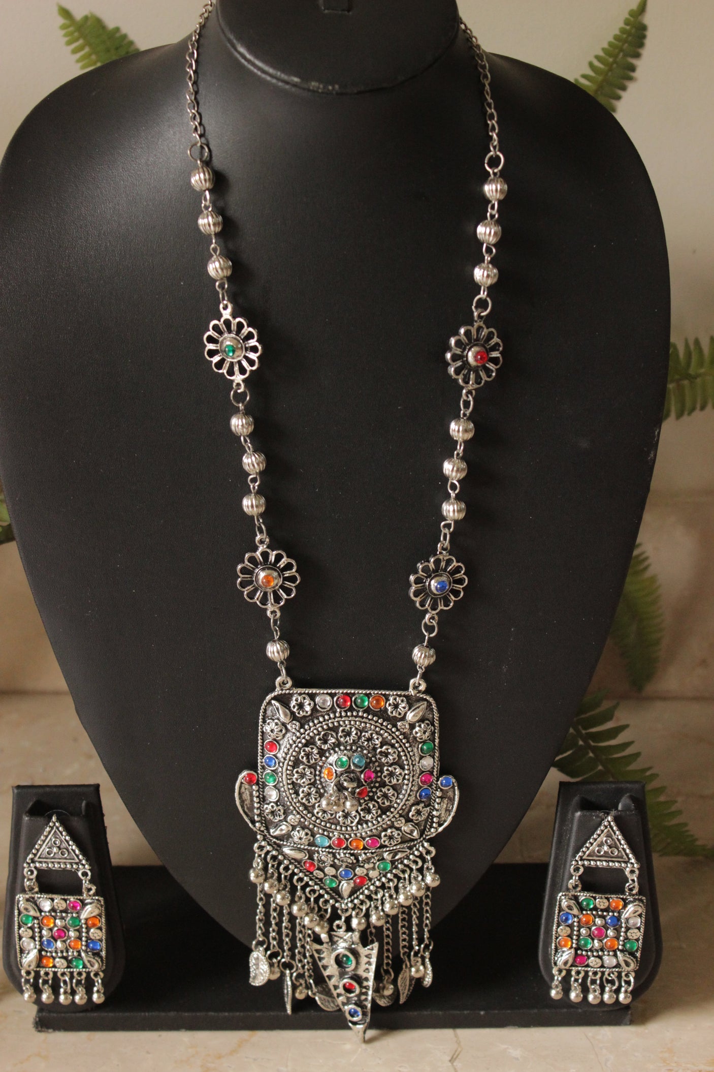 Multi-Color Glass Stones Oxidised Finish Long Chain Necklace Set