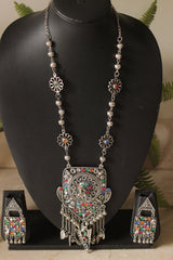 Multi-Color Glass Stones Oxidised Finish Long Chain Necklace Set