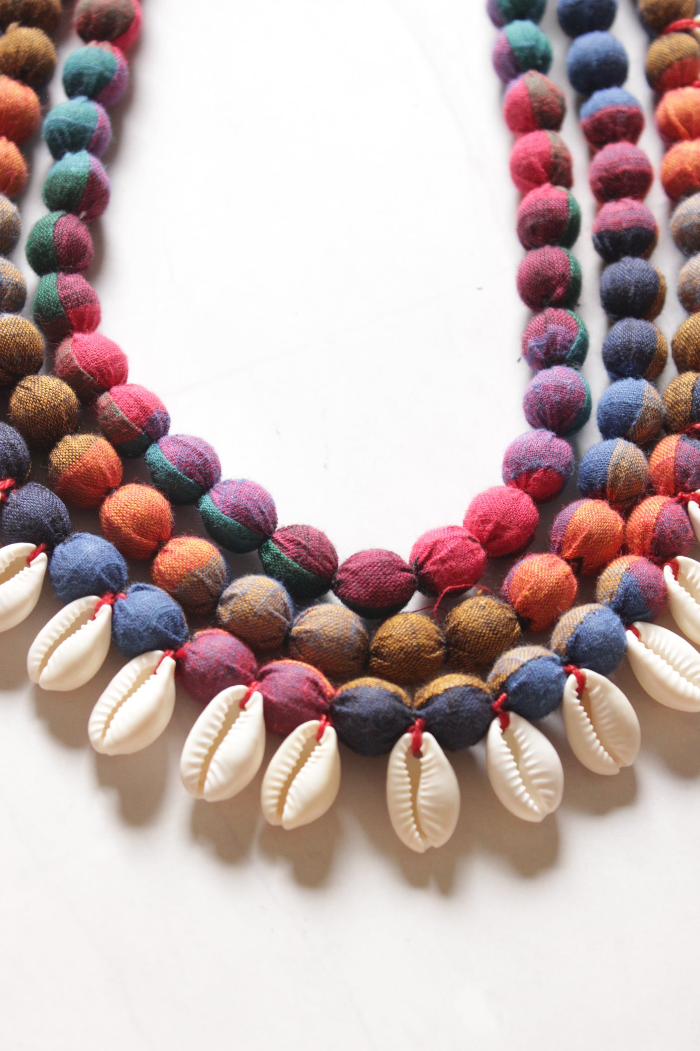 Multi-Layer Earthy Tones Fabric Beads Necklace with Shells