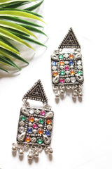 Multi-Color Glass Stones Oxidised Finish Long Chain Necklace Set