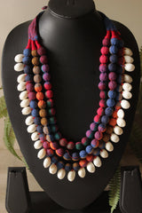 Multi-Layer Earthy Tones Fabric Beads Necklace with Shells