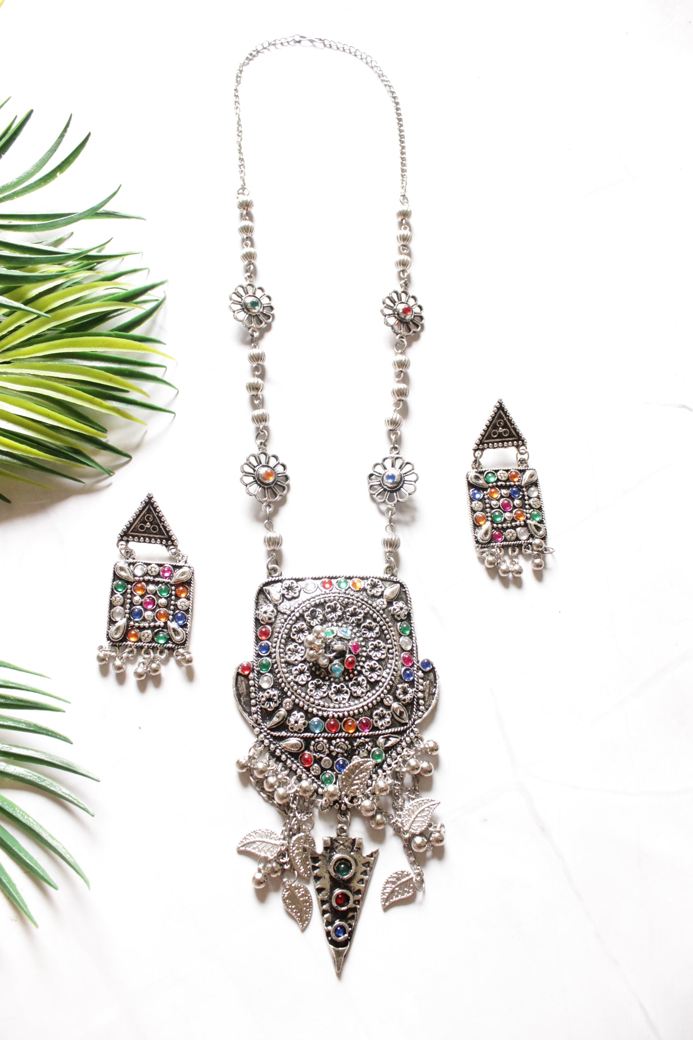 Multi-Color Glass Stones Oxidised Finish Long Chain Necklace Set