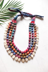 Multi-Layer Earthy Tones Fabric Beads Necklace with Shells