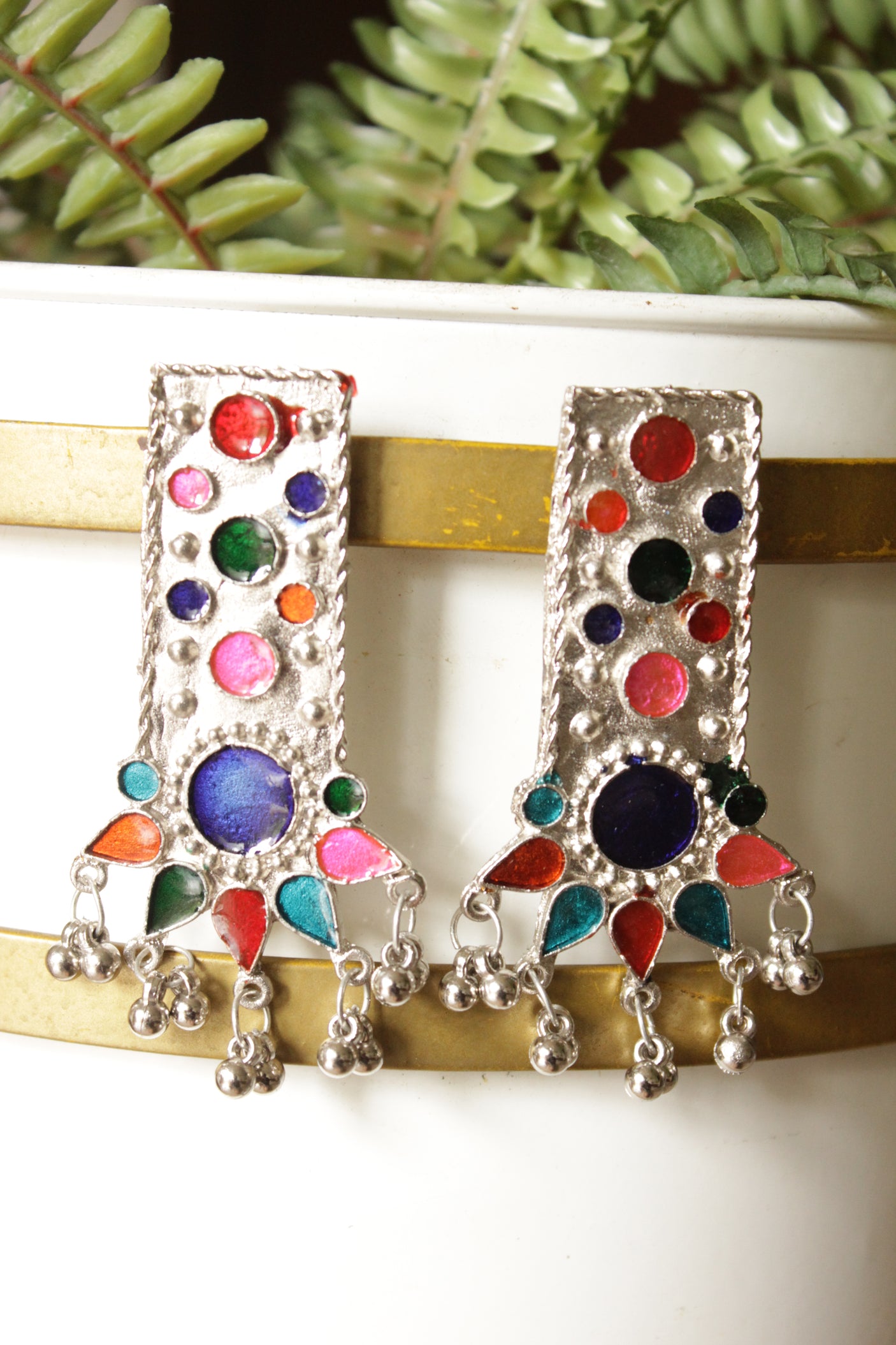 Vibrant Enamel Painted Oxidised Finish Afghani Lightweight Metal Earrings