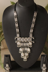 White Glass Work Oxidised Finish Long Adjustable Length Necklace Set