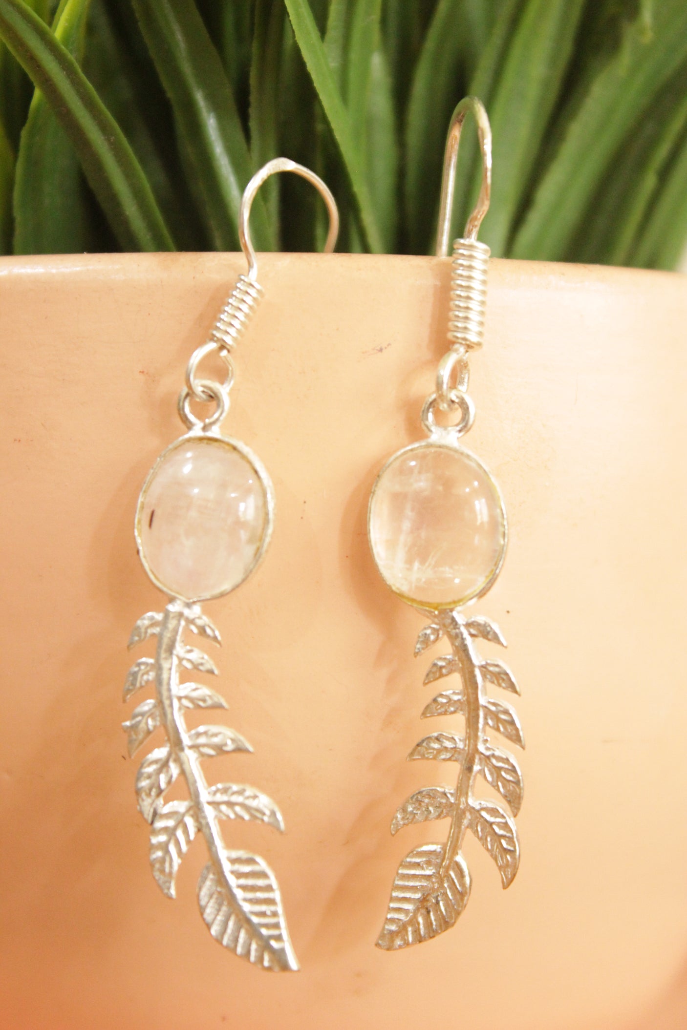 Natural Rainbow Moonstone Silver Plated Leaf Leaf Design Dangler Earrings