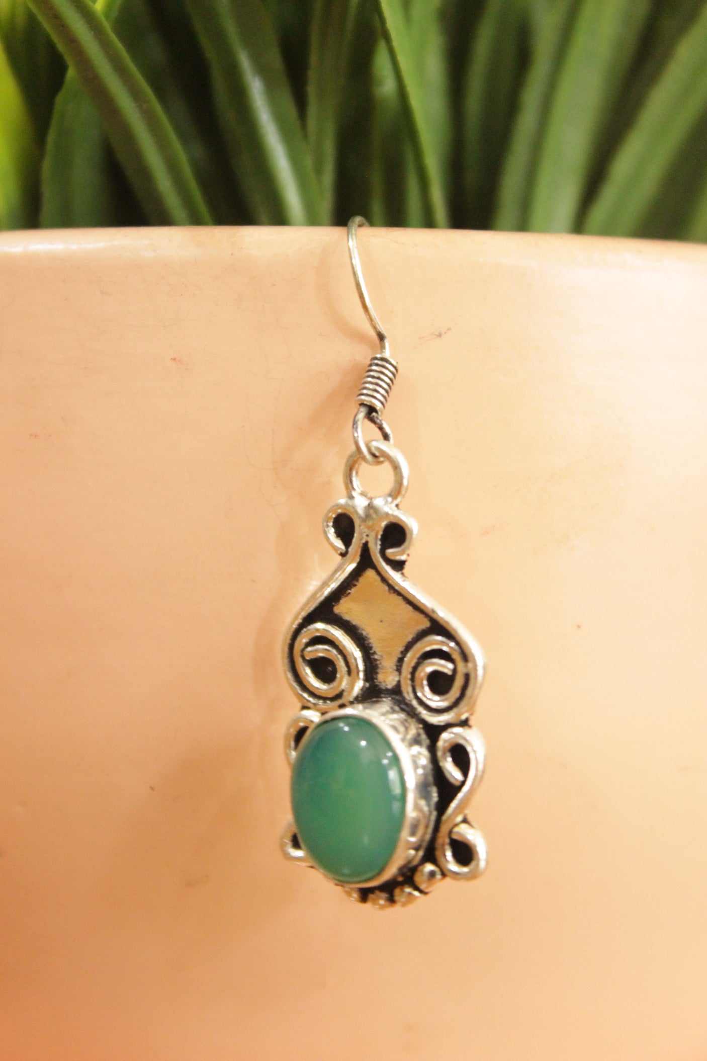 Green Onyx Natural Gemstone Silver Plated Earrings