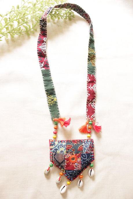 Multi-Color Block Printed Fabric Necklace Accentuated with Shells