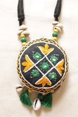 Black & Yellow Cross-Stitch Hand Embroidered Shell and Mirror Work Fabric Necklace