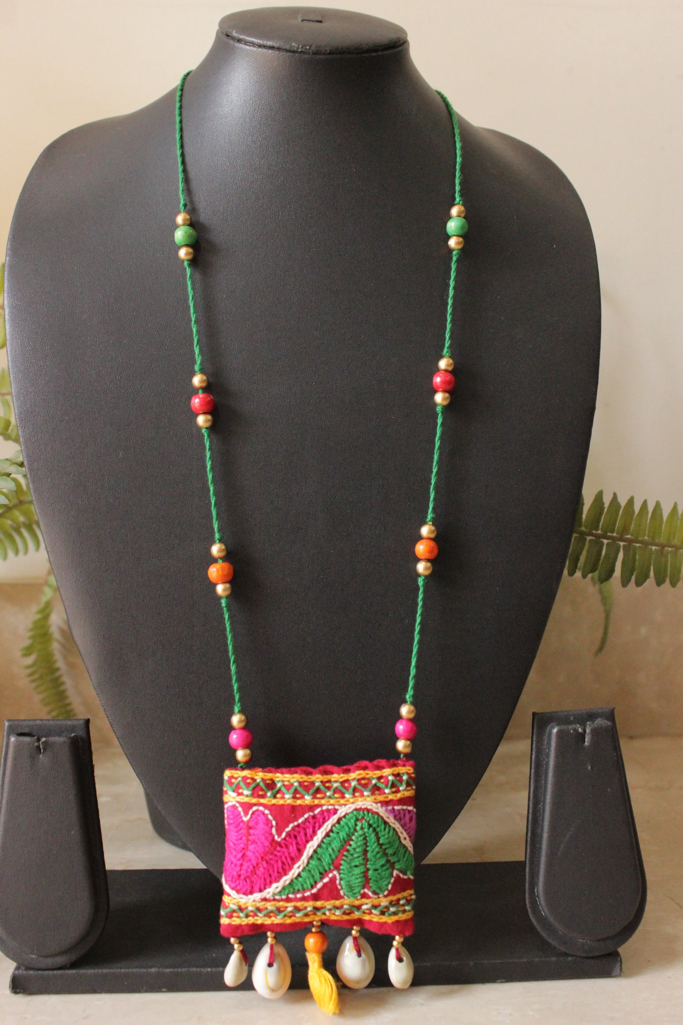 Hand Embroidered Multi-Color Rope Closure Handcrafted Fabric Necklace with Adjustable Closure