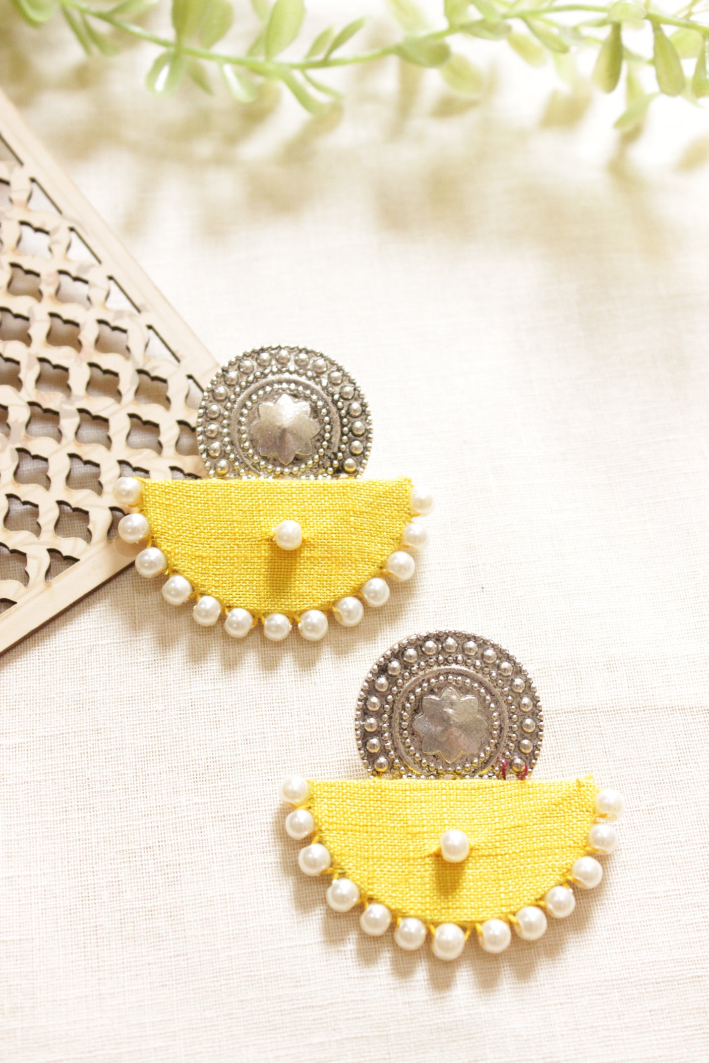 Fabric & Metal White Beads Embellished Half Moon Fabric Earrings