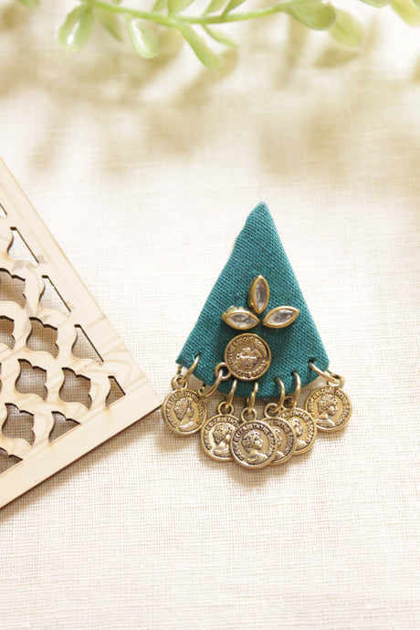 Teal Fabric Earrings Embellished with Stamped Coins