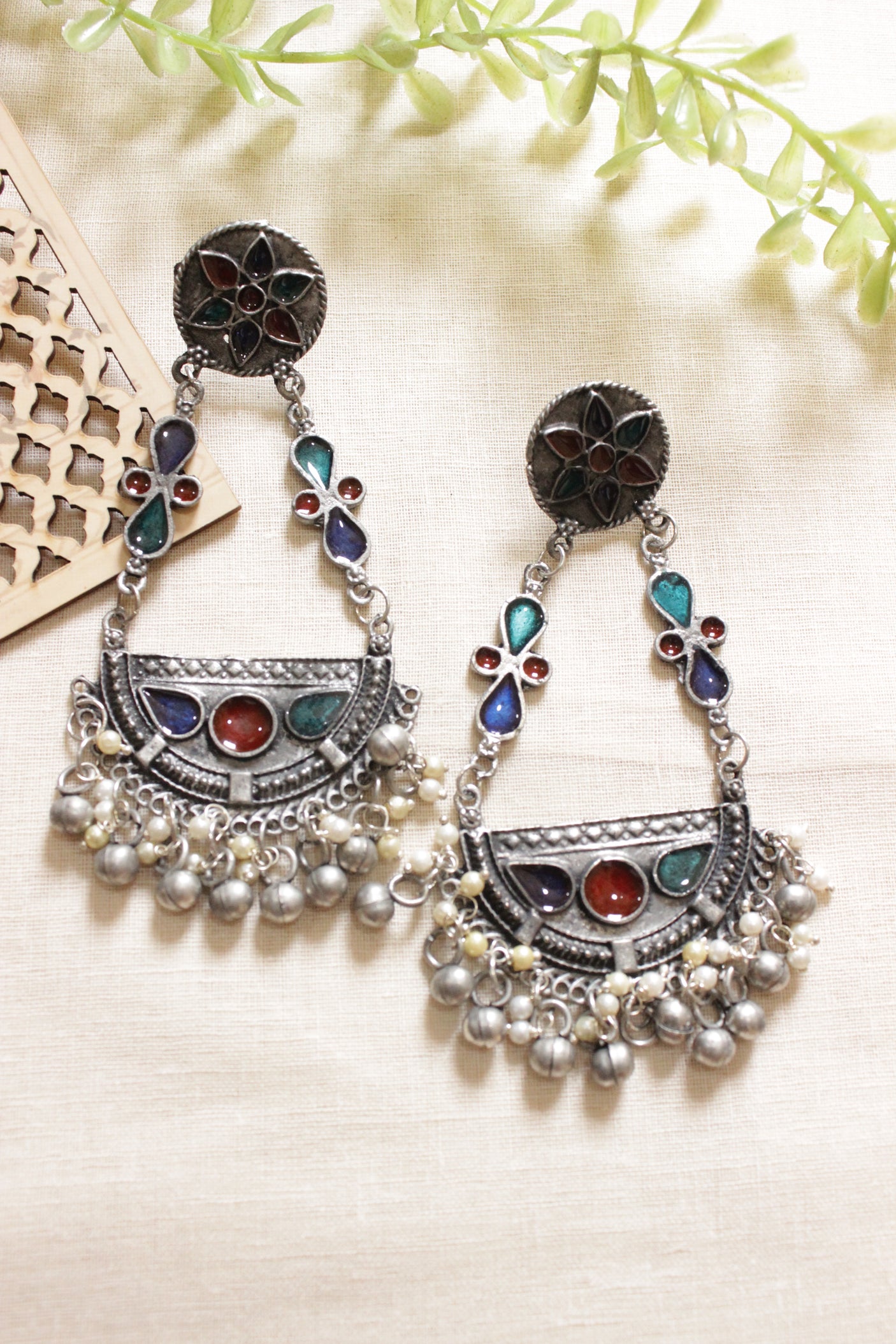 Multi-Color Glass Stones Embedded Afghani Earrings