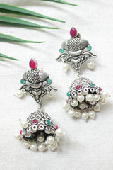 Ruby Red and Green Glass Stones Embedded Oxidised Finish Jhumka Earrings