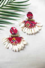 Red Fabric Block Printed 2 Layer Earrings with Shell Work