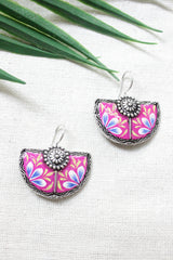 Violet Enamel Painted Flower Motifs Half Moon Oxidised Finish Metal Earrings