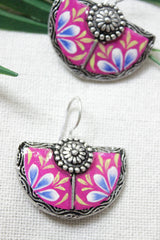 Violet Enamel Painted Flower Motifs Half Moon Oxidised Finish Metal Earrings