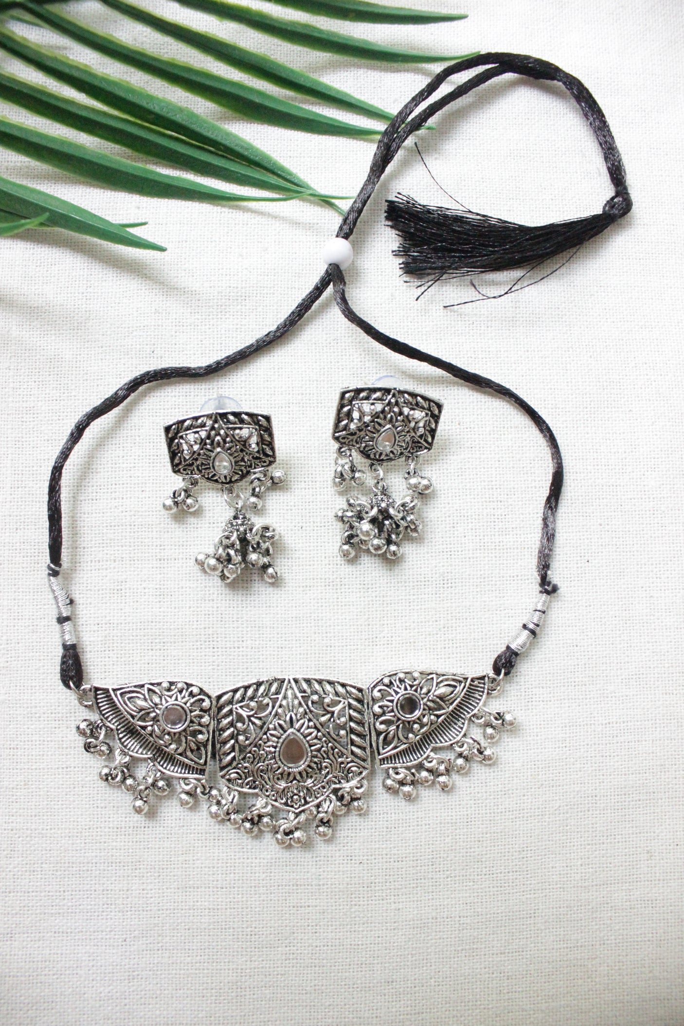 Oxidised Silver Adjustable Length Dori Closure Choker Necklace Set