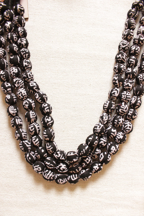 Black & White Block Printed Fabric Beads Handmade 3 Layer Necklace Set