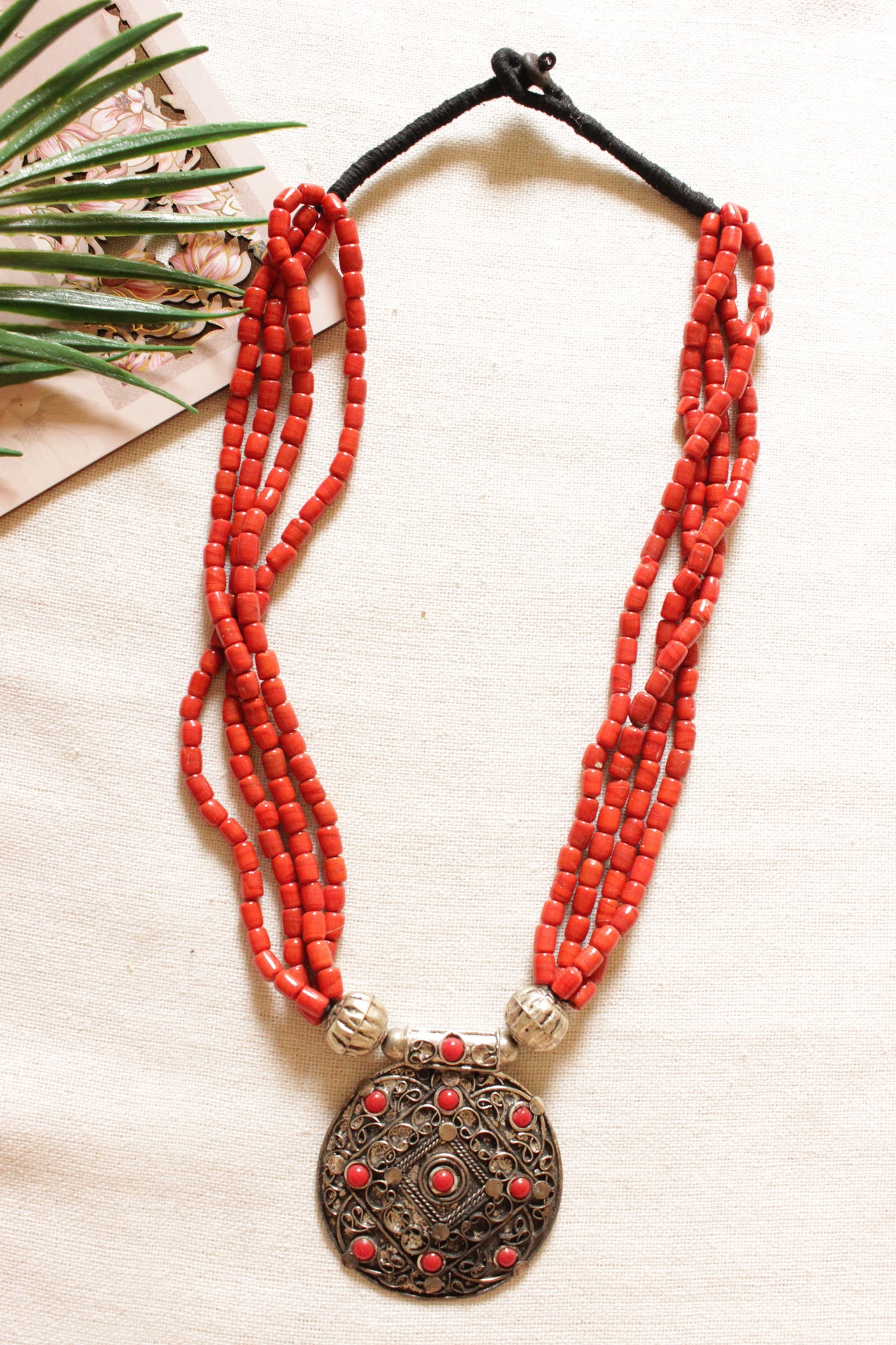 Coral Beads Oxidised Finish Metal Brass Pendant Necklace