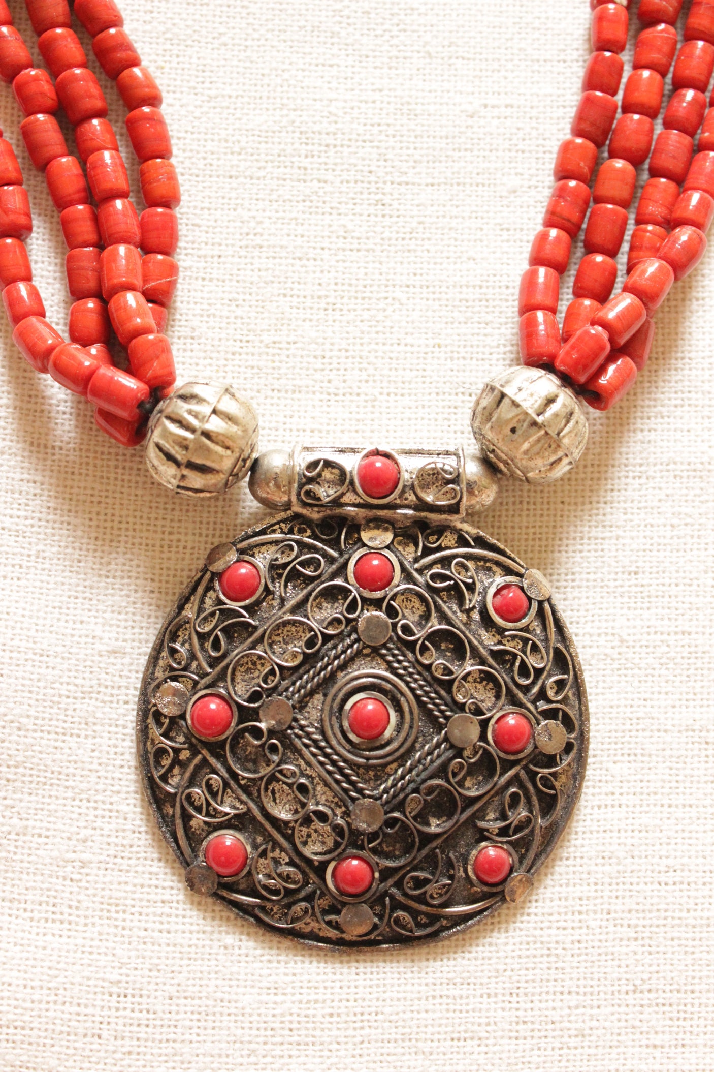 Coral Beads Oxidised Finish Metal Brass Pendant Necklace