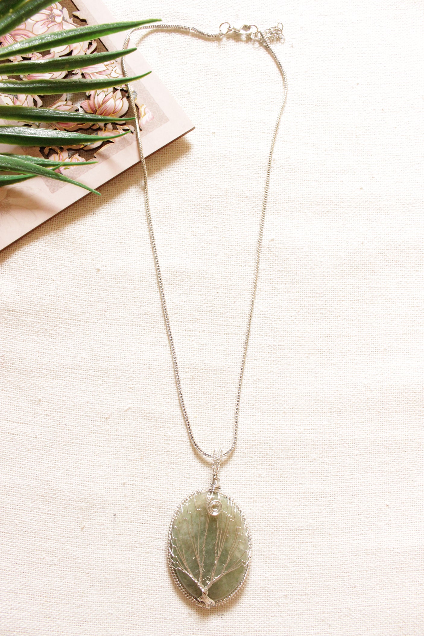 Sea Green Stone Pendant Silver Finish Handcrafted Necklace