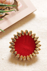 Red Fabric and Kundan Work Gold Toned Stud Earrings