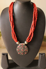 Coral Beads Oxidised Finish Metal Brass Pendant Necklace