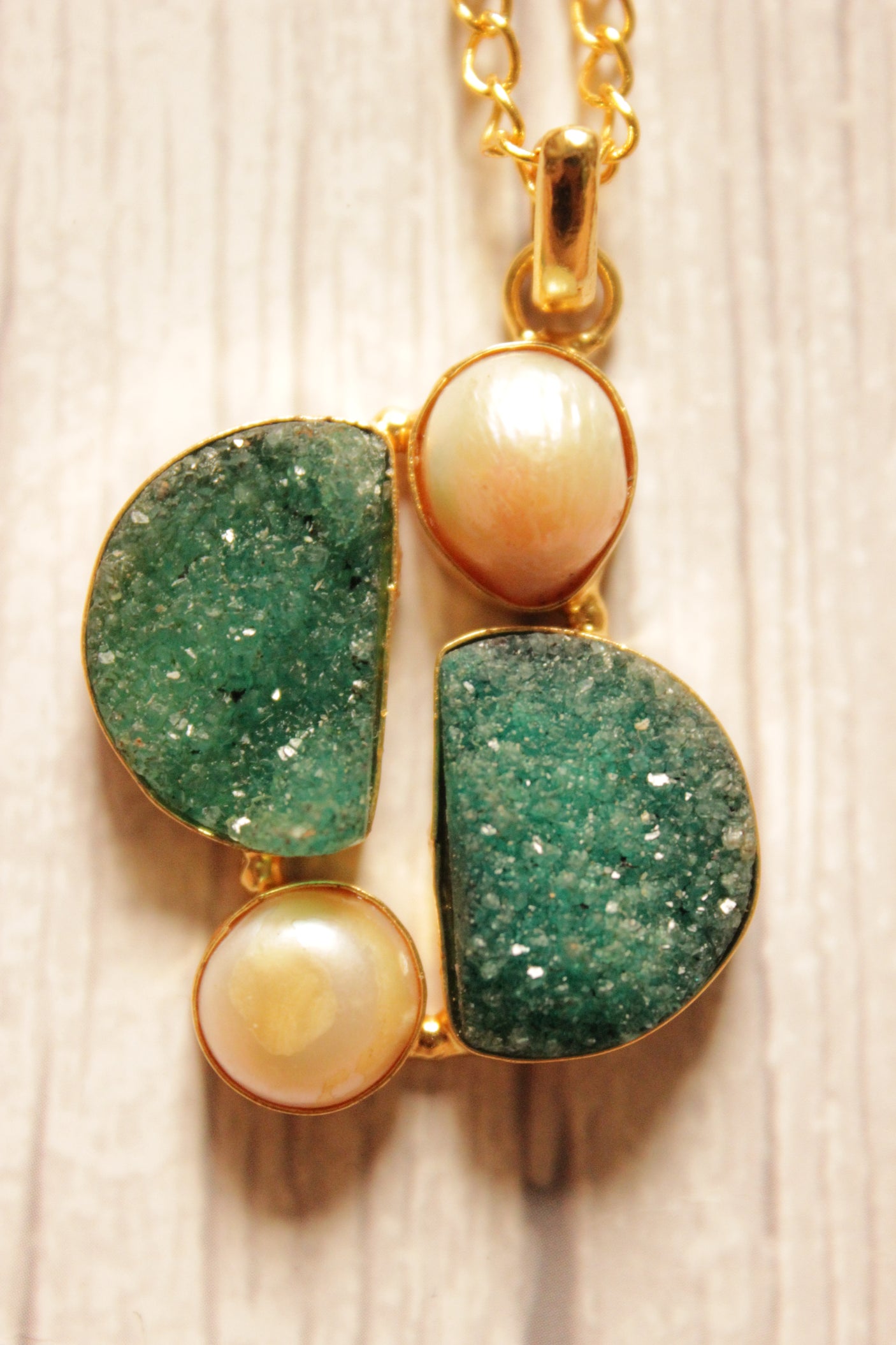 Green Sugar Druzy and Pearl Embedded Gold Plated Brass Chain Necklace