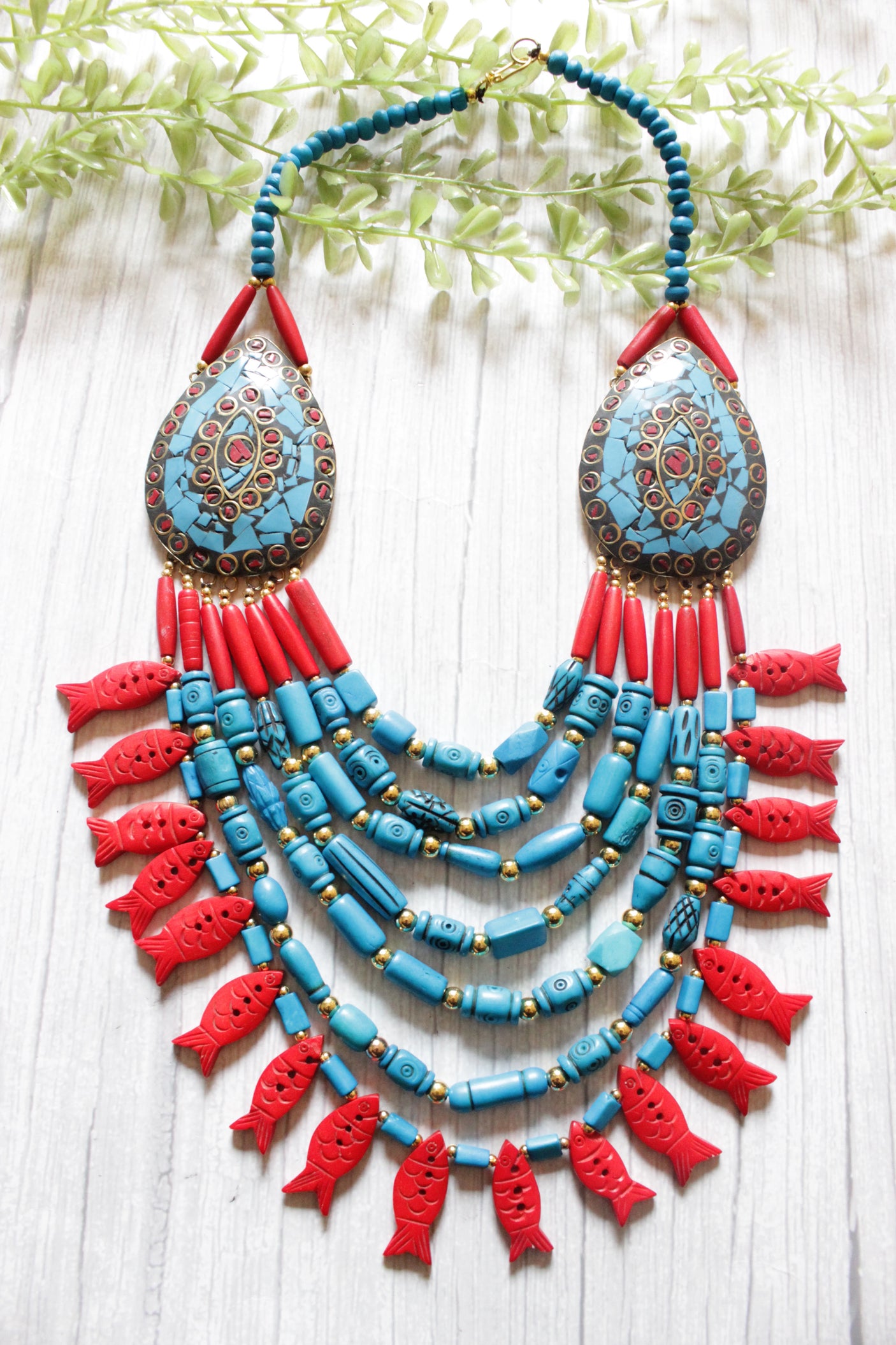 Turquoise & Red Fish Charms Bone Beads Handcrafted Multi-Layer African and Tibetan Tribal Necklace