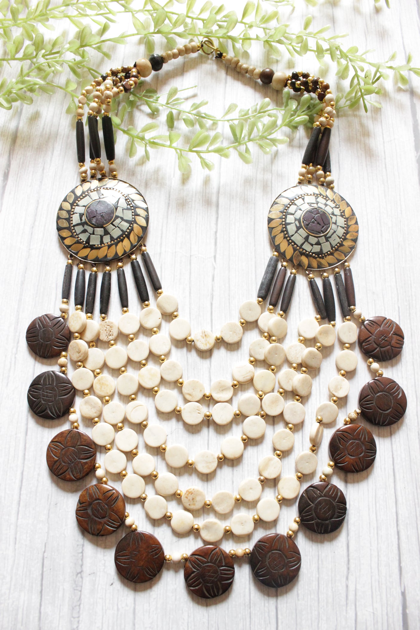 Ivory & Brown Bone Beads Handcrafted Multi-Layer African and Tibetan Tribal Necklace