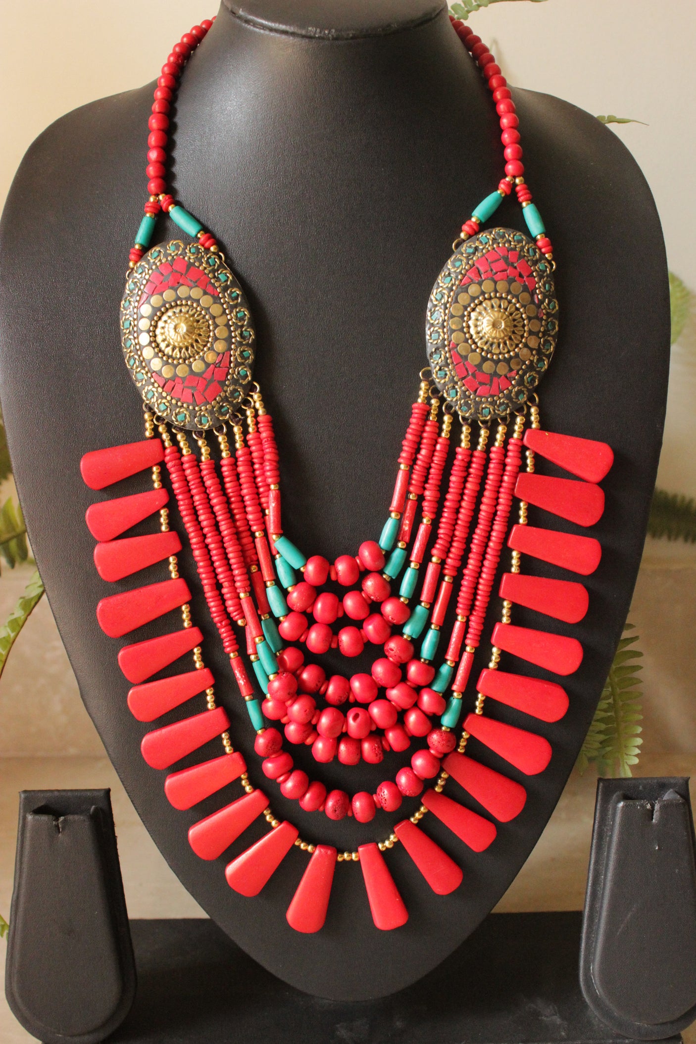 Turquoise & Red & Turquoise Bone Beads Handcrafted Multi-Layer African and Tibetan Tribal Necklace