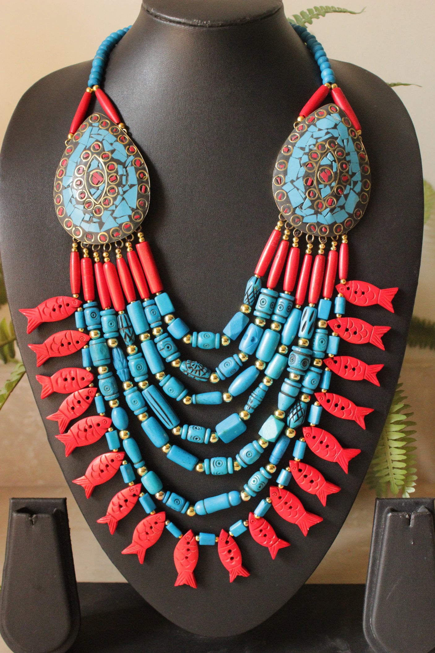 Turquoise & Red Fish Charms Bone Beads Handcrafted Multi-Layer African and Tibetan Tribal Necklace