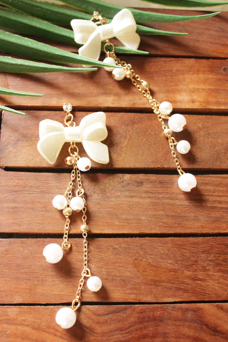 Bow Motifs Long Pearl Tassels Earrings