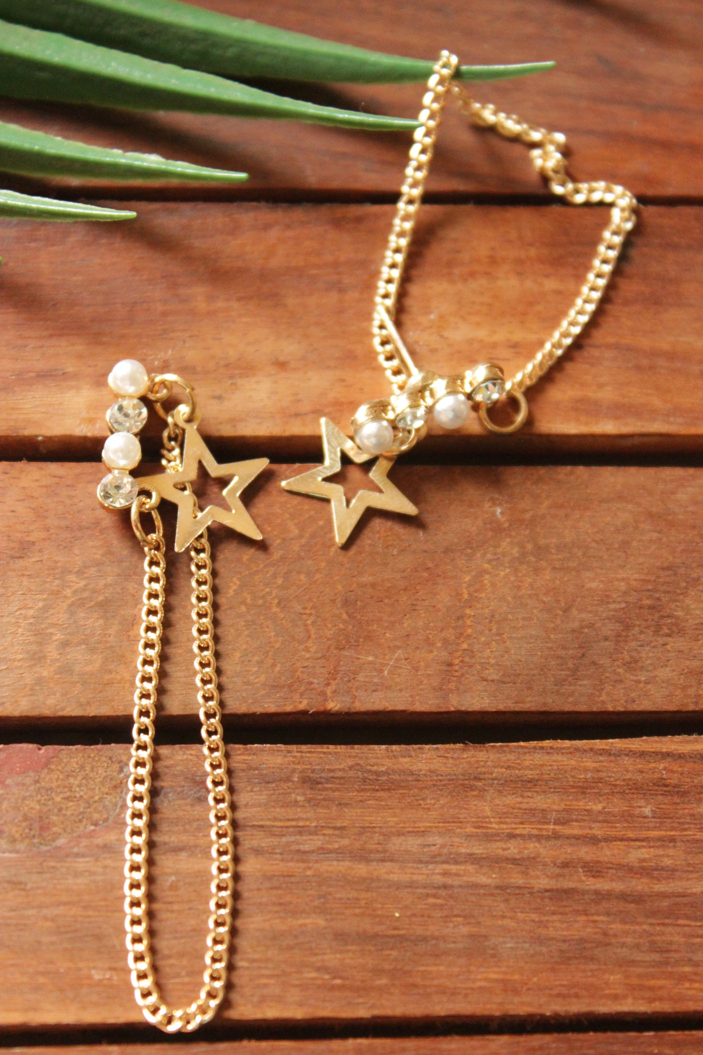 Pearl and Glass Stones Star Motifs Gold Toned Chain Earrings