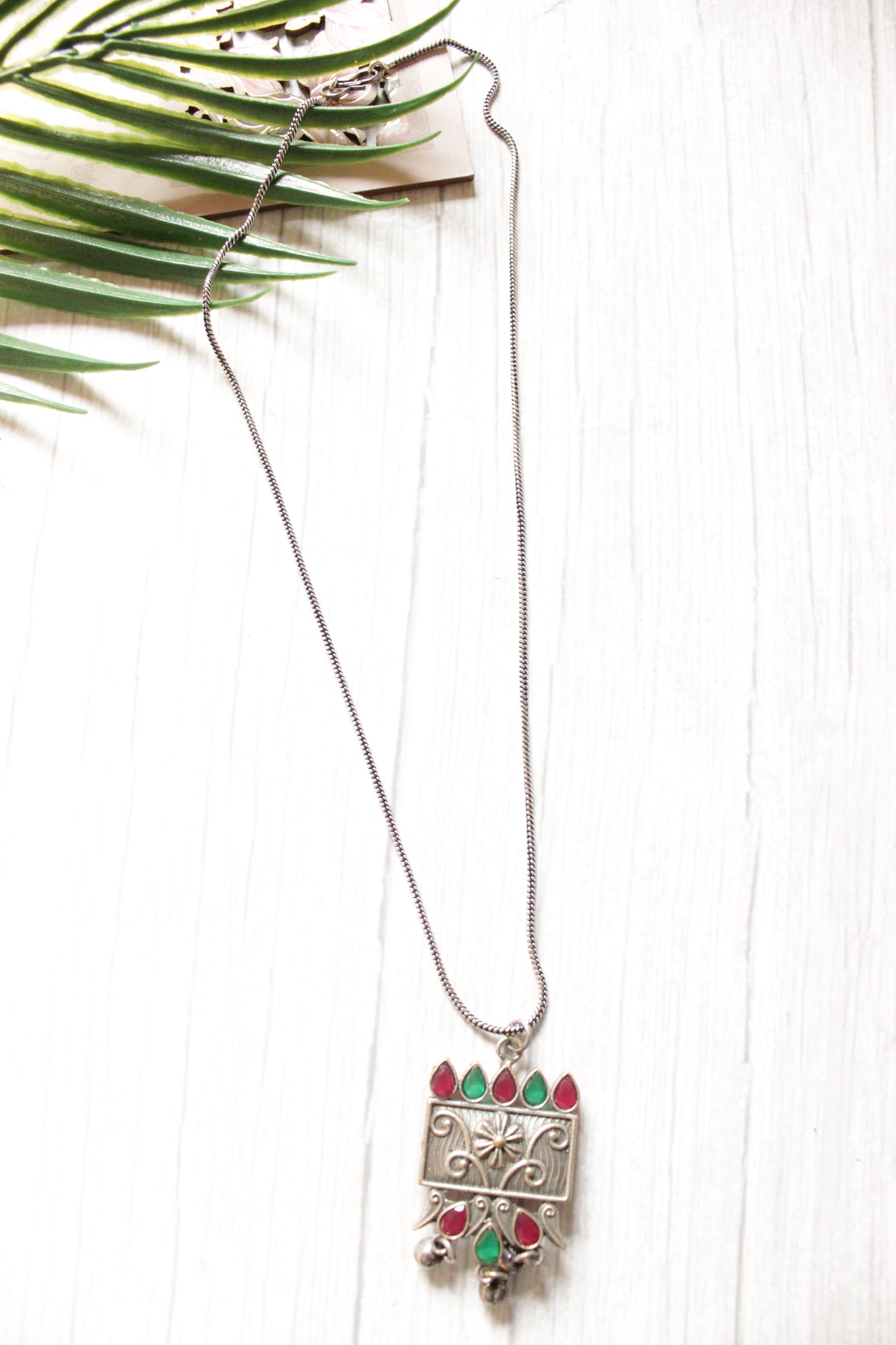 Premium Oxidised Finish Metal Pendant with Ruby Red & Green Stones Necklace