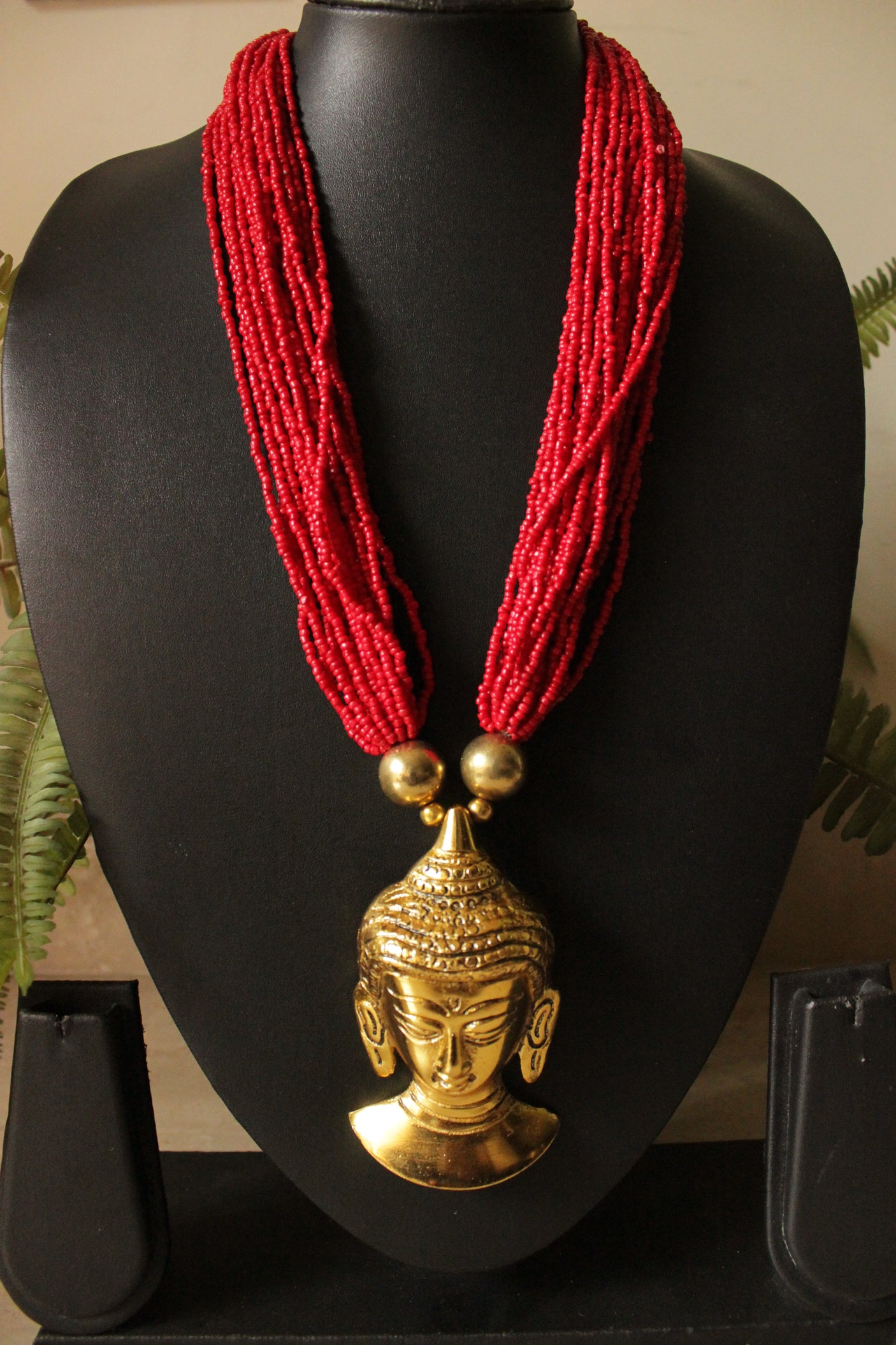 Red Beads Handcrafted Long Buddha Pendant Necklace