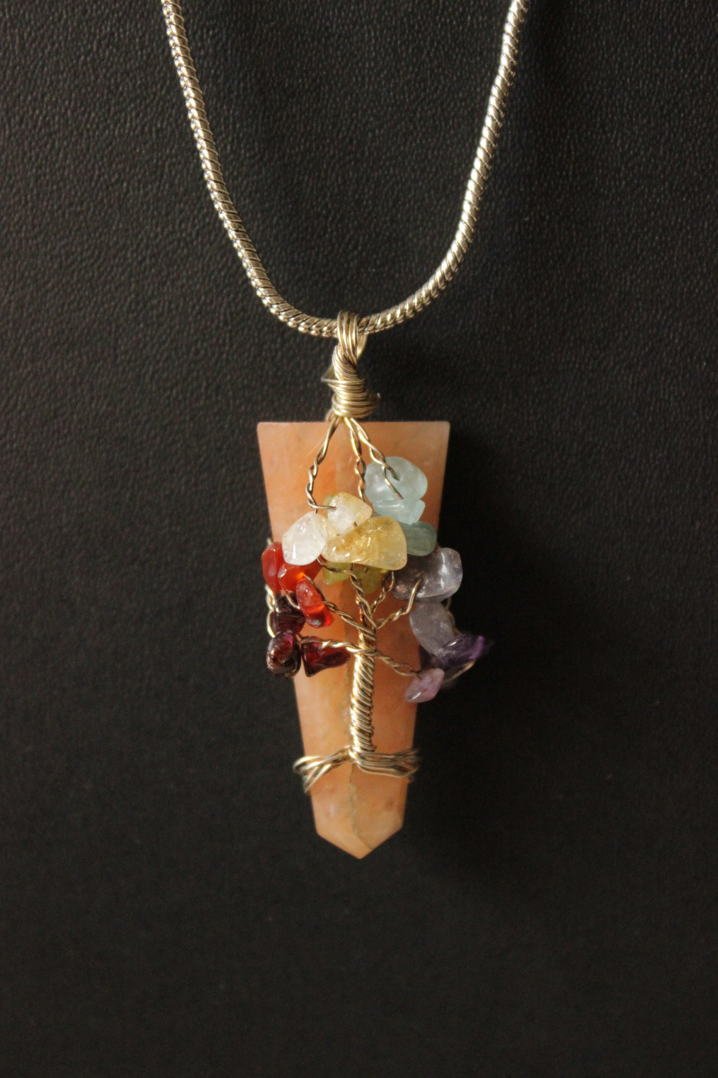 7 Chakra Tree of Life Natural Stone Beads Pendant Wrapped on a Natural Cut Stone Brass Chain Necklace