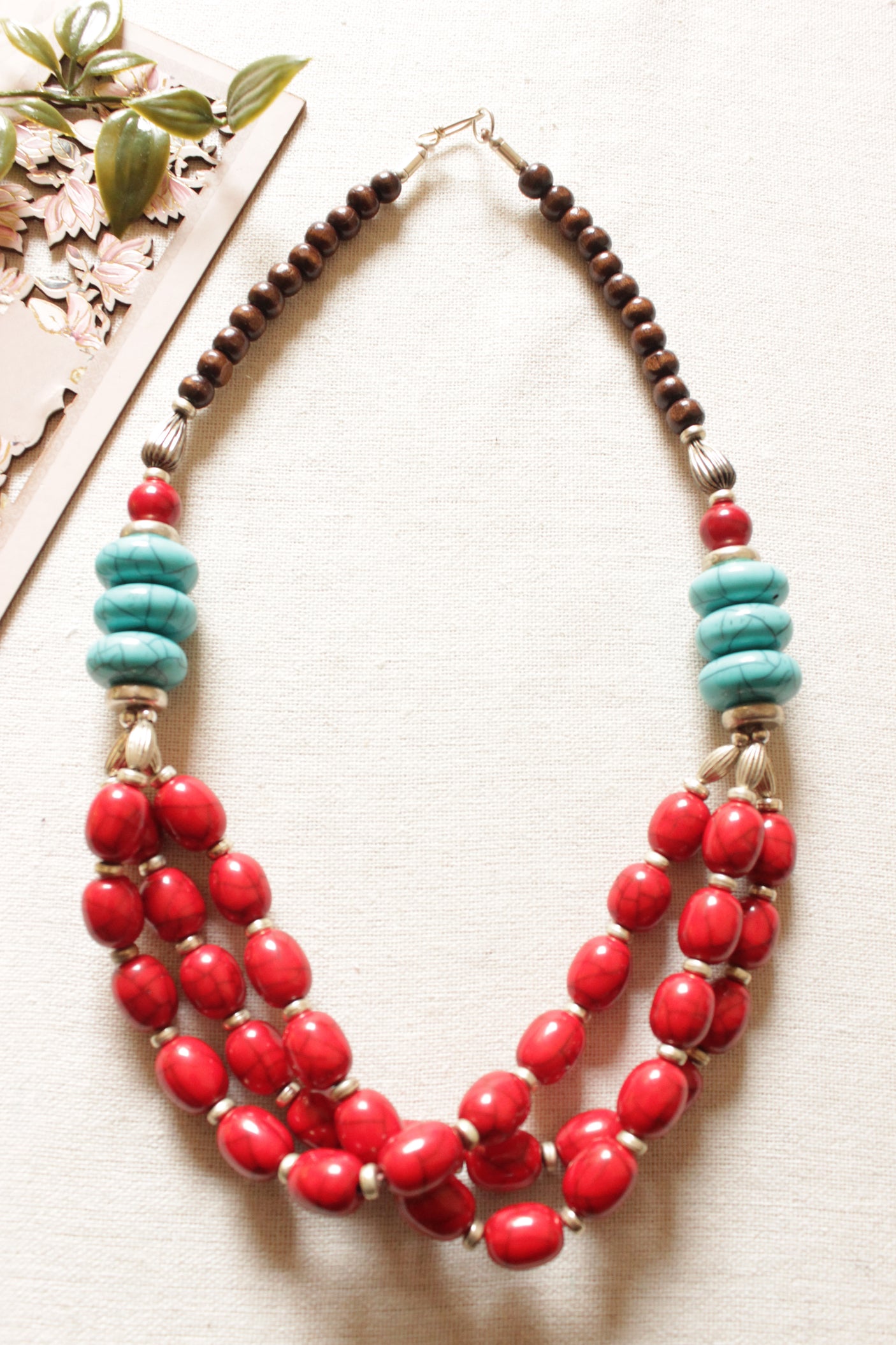 Red and Turquoise Brass and Resin Beads Necklace