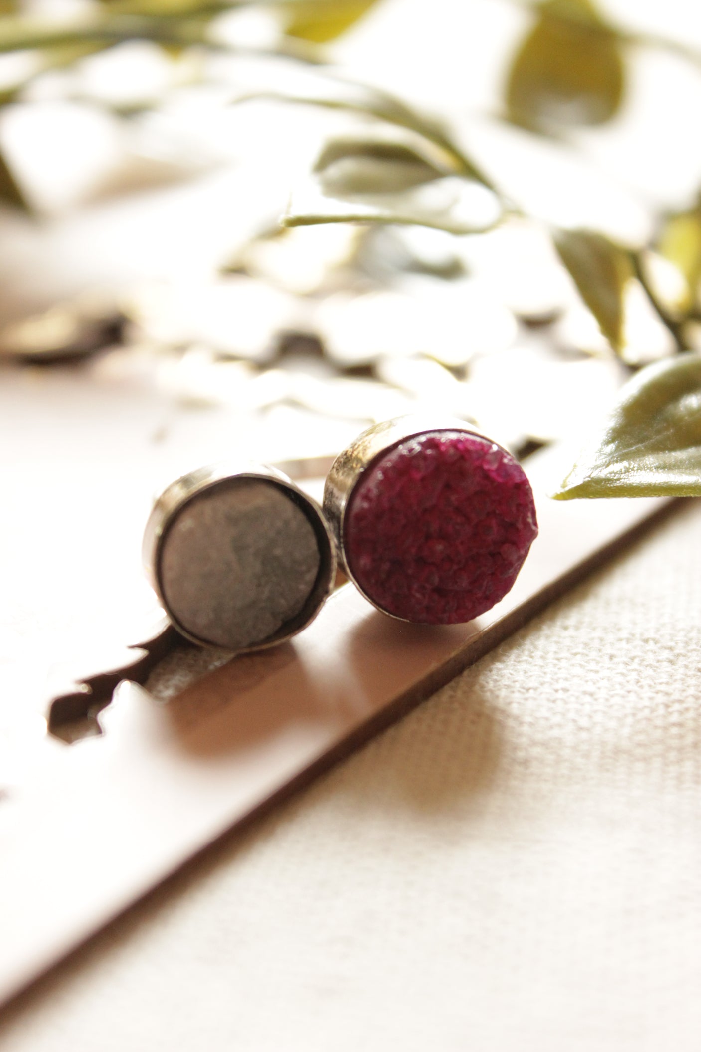 Pink & Grey Natural Sugar Druzy Gemstone Embedded Oxidised Finish Finger Ring