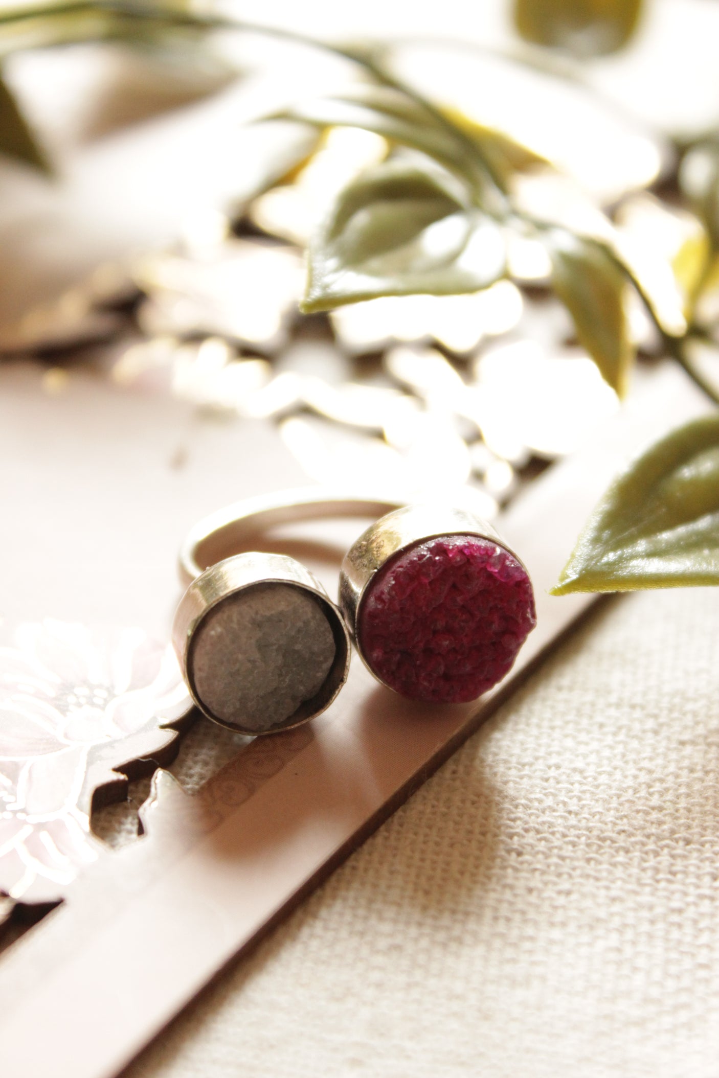 Pink & Grey Natural Sugar Druzy Gemstone Embedded Oxidised Finish Finger Ring