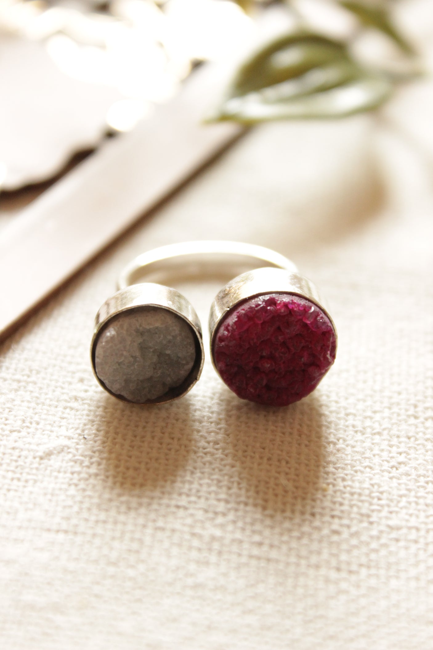 Pink & Grey Natural Sugar Druzy Gemstone Embedded Oxidised Finish Finger Ring