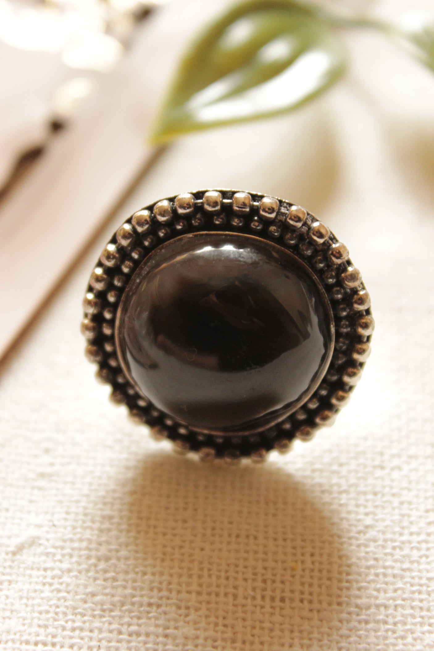 Black Natural Gemstone Embedded Oxidised Finish Finger Ring