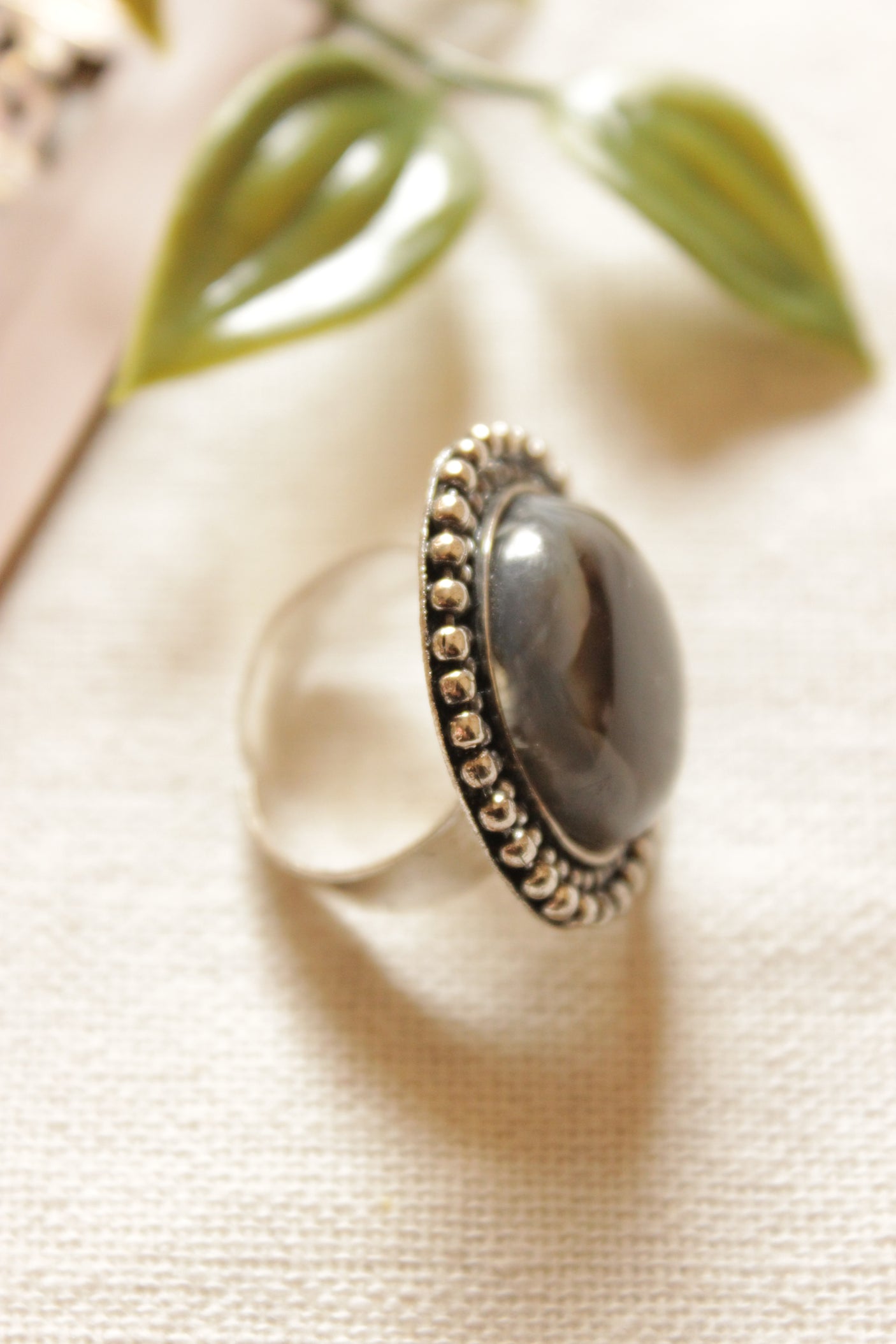 Black Natural Gemstone Embedded Oxidised Finish Finger Ring