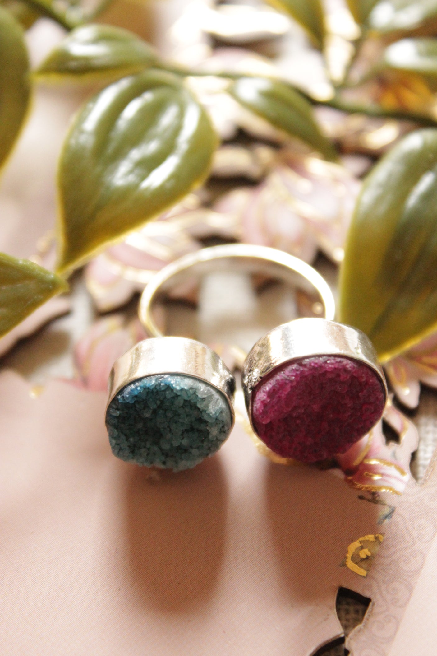 Pink & Green Natural Sugar Druzy Gemstone Embedded Oxidised Finish Finger Ring