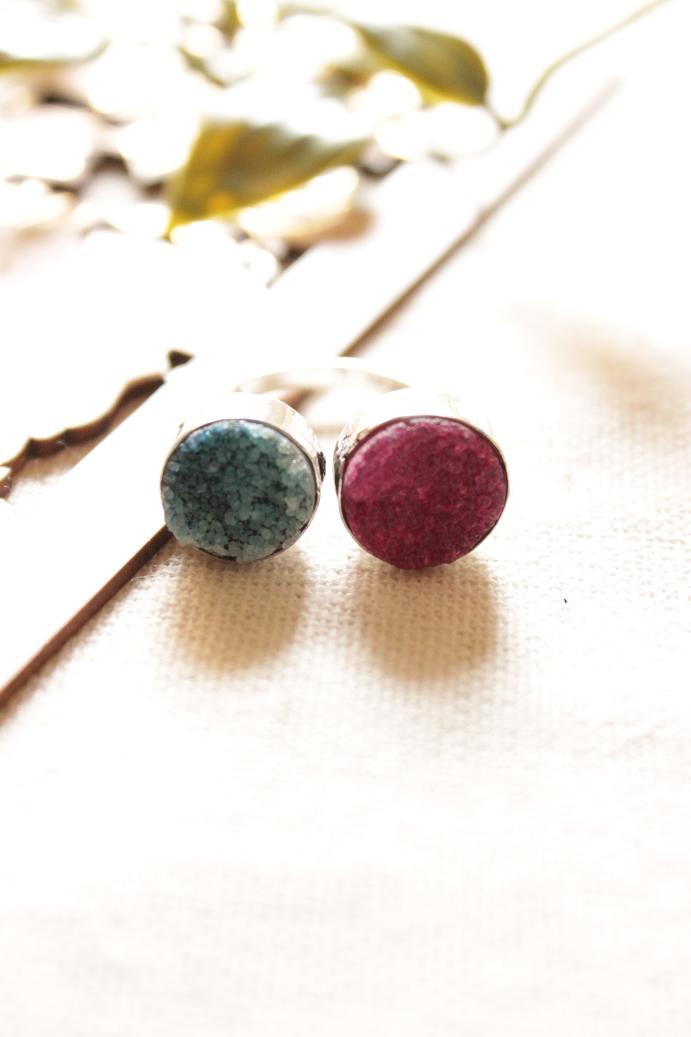 Pink & Green Natural Sugar Druzy Gemstone Embedded Oxidised Finish Finger Ring