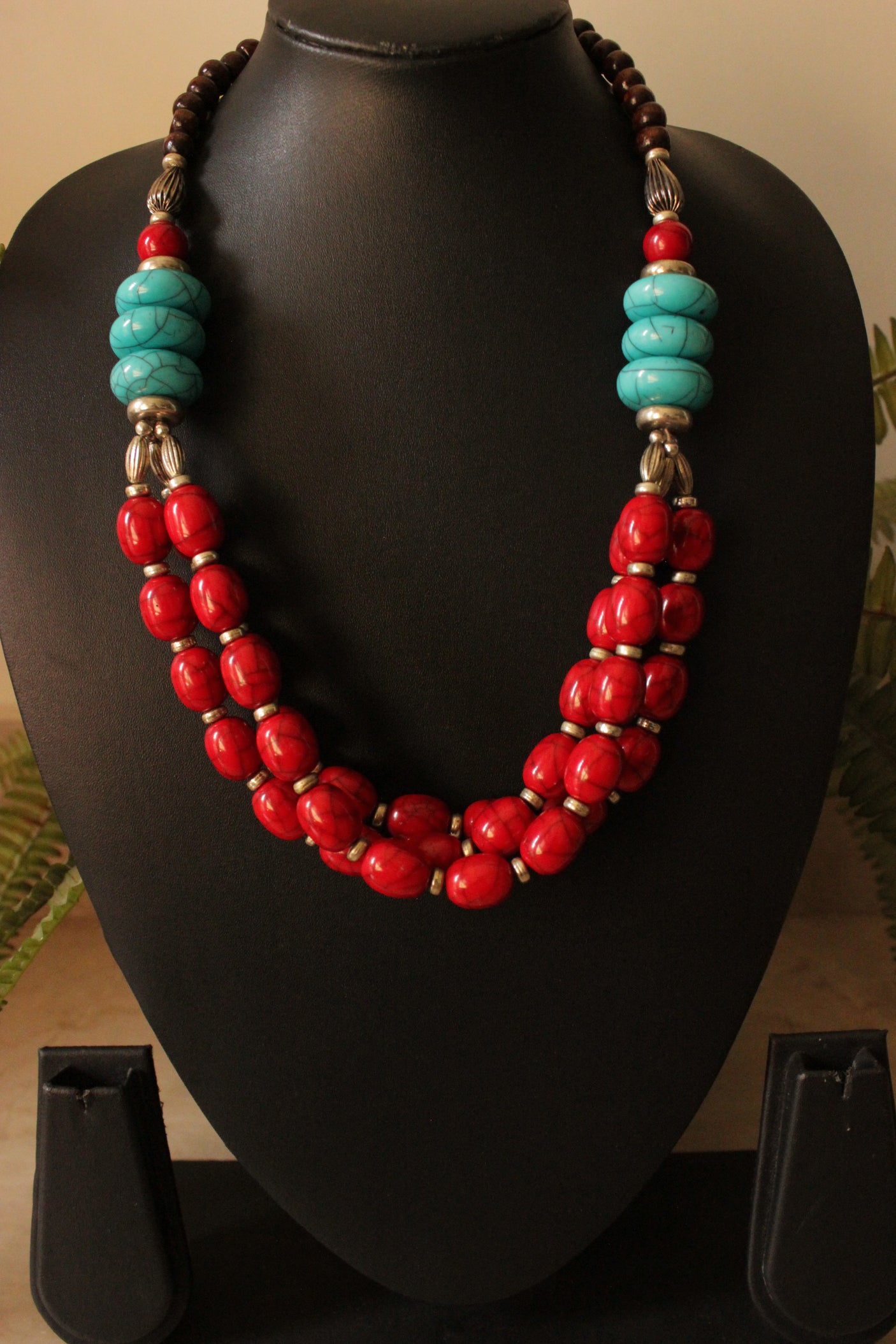 Red and Turquoise Brass and Resin Beads Necklace