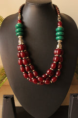 Maroon and Turquoise Brass and Resin Beads Necklace