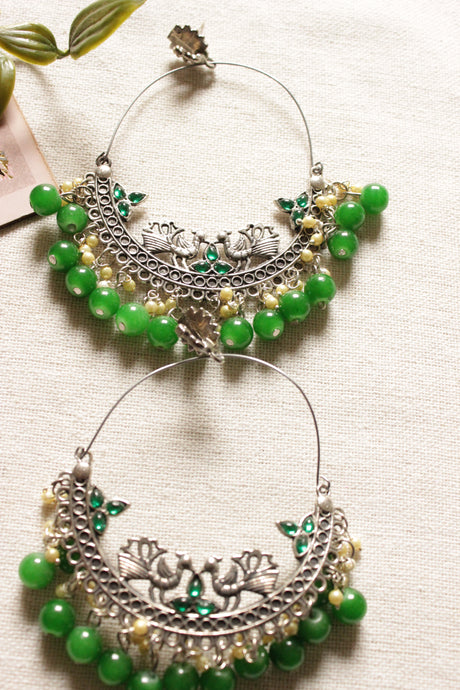 Peacock Motif Oxidised Finish Chandbali Earrings with Green Beads