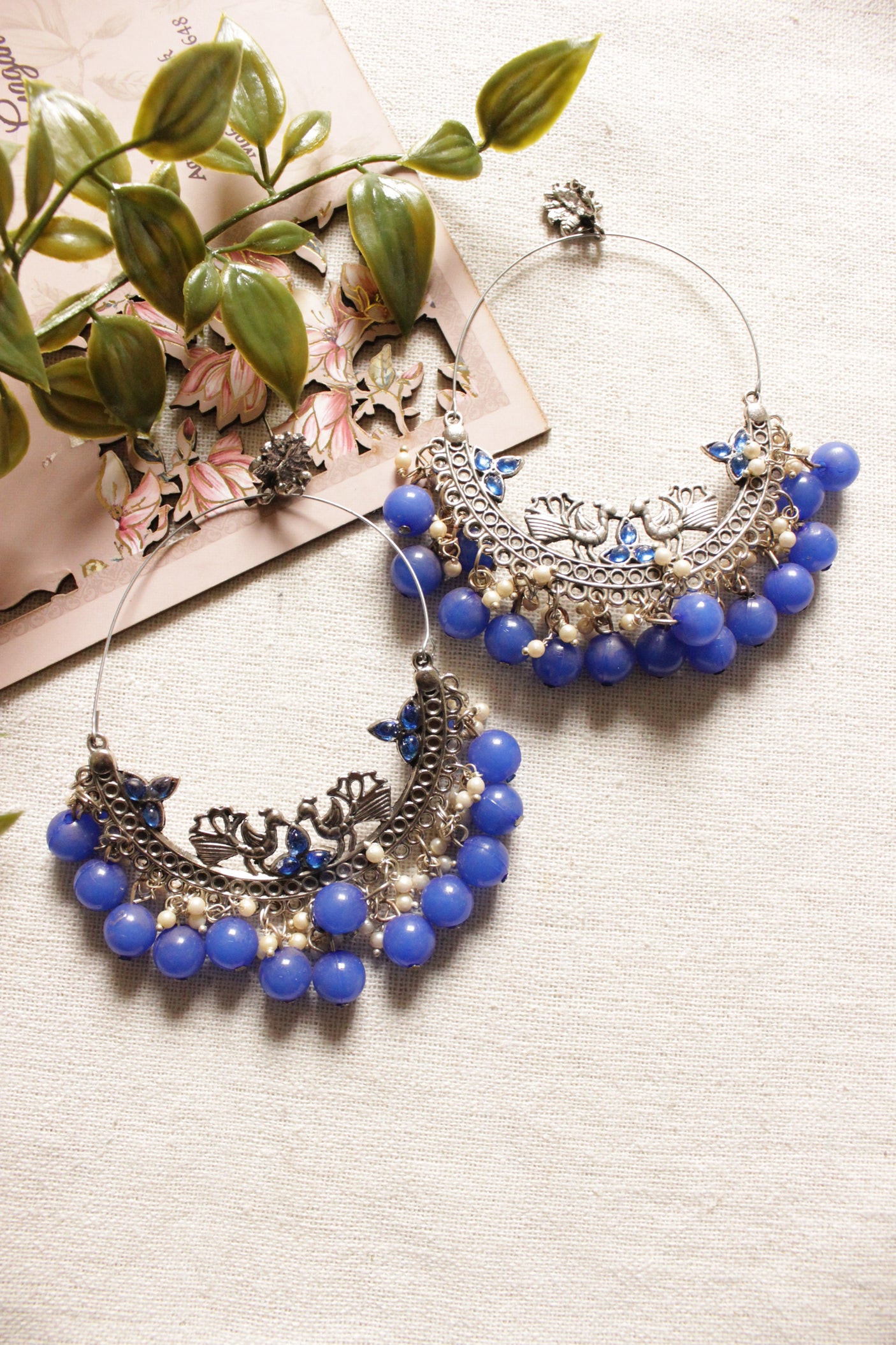 Peacock Motif Oxidised Finish Chandbali Earrings with Blue Beads